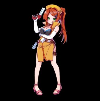 arm_under_breasts belt bikini bikini_top_only black_background black_bikini blush breasts brown_belt brown_hair cleavage closed_mouth collarbone collared_dress dress elbow_gloves full_body gloves green_eyes gun hair_intakes hair_ornament hairclip hat highres holding holding_gun holding_weapon large_breasts long_hair merc_storia merc_storia_art_team nurse nurse_cap official_art open_clothes open_dress palette_(merc_storia) pink_sandals ponytail sandals short_dress side_slit sidelocks simple_background sleeveless sleeveless_dress smile solo standing swimsuit syringe tachi-e weapon white_gloves yellow_dress