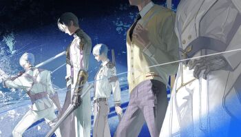 5boys black_gloves black_necktie black_pants cardigan collared_shirt cowboy_shot fighting_stance gloves grey_gloves grey_hair grey_pants grid_print hair_between_eyes highres holding holding_sword holding_weapon jacket love_and_deepspace male_focus multiple_boys necktie pants print_pants rayray8208820 shirt short_hair sword vambraces weapon white_jacket white_pants white_shirt xavier_(love_and_deepspace) yellow_cardigan