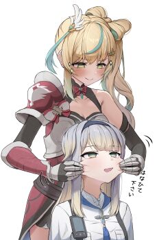 2girls :&gt; absurdres animal_ears aqua_hair armor blonde_hair blush bow-shaped_hair breasts cheek_pinching cleavage dog_ears dog_girl expressionless gauntlets grey_hair hairband highres medium_breasts motion_lines multicolored_hair multiple_girls nijisanji no_pupils pauldrons pinching rujiru6 shioriha_ruri shioriha_ruri_(1st_costume) shoulder_armor side_ponytail simple_background single_off_shoulder single_pauldron streaked_hair tachitsute_toto tachitsute_toto_(1st_costume) translated virtual_youtuber white_background