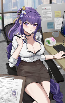 1girl absurdres alternate_costume alternate_universe black_bra blunt_bangs blurry blush bra braid breasts chair cleavage clipboard coffee collared_shirt commentary computer computer_keyboard dango depth_of_field desk fan_hair_ornament food game_screenshot genshin_impact hair_between_eyes hair_ornament head_tilt highres holding holding_clipboard huge_breasts long_braid looking_at_viewer mole mole_under_eye multicolored_eyes multicolored_hair office_lady on_chair paper parted_lips pov purple_eyes purple_hair raiden_shogun shade shirt single_braid sitting skirt sleeves_rolled_up solo_focus thigh_focus thighs underwear wagashi watch white_shirt window wristwatch yomo_(mochiyomo4646)