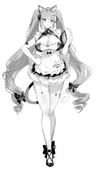 Rule 34 | 1girl, absurdres, animal ears, apron, bell, blush, bow, breasts, cat ears, cat tail, character name, cleavage, cleavage cutout, closed mouth, clothing cutout, commentary, drill hair, elbow gloves, embarrassed, english commentary, fake animal ears, fake tail, fang, full body, garter straps, gloves, goddess of victory: nikke, greyscale, hair ribbon, hand on own hip, headdress, highres, holding, holding tray, huge breasts, large breasts, long hair, looking at viewer, low neckline, maid, maid apron, maid headdress, miine 1029, monochrome, neck bell, nervous sweating, paw hair ornament, privaty (nikke), privaty (unkind maid) (nikke), ribbon, shoes, sidelocks, simple background, skin fang, solo, standing, sweat, tail, thighhighs, tray, twintails, very long hair, wavy mouth, white background