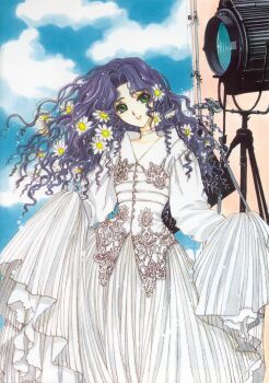 1990s_(style) 1girl cardcaptor_sakura choker clamp clothes_grab cloud curly_hair dress female_focus flower green_eyes head_tilt highres kinomoto_nadeshiko long_hair marker_(medium) official_art purple_hair retro_artstyle skirt_hold sky smile solo traditional_media wavy_hair white_dress