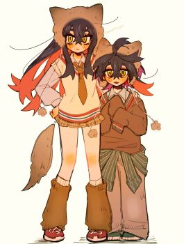 1boy 1girl alternate_costume animal_hat black_hair blush brother_and_sister carmine_(pokemon) closed_mouth clothes_around_waist collared_shirt commentary_request crossed_bangs eyelashes full_body hair_between_eyes hand_on_another&#039;s_shoulder hand_on_own_hip hat highres kieran_(pokemon) leg_warmers long_hair long_sleeves miniskirt multicolored_hair necktie nintendo open_mouth pants pokemon pokemon_sv purple_hair red_hair red_shoes shirt shoes siblings simple_background skirt sleeves_past_fingers sleeves_past_wrists socks standing tisanntisyou twitter_username white_socks yellow_eyes