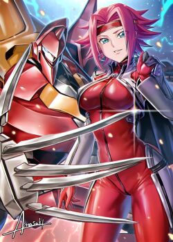 1girl amasaki_yusuke blue_eyes bodysuit breasts code_geass cropped_jacket grey_jacket guren_(code_geass) guren_mk-ii headband jacket knightmare_frame kouzuki_kallen looking_at_viewer mecha medium_breasts open_hand parted_bangs pilot_suit red_bodysuit red_hair red_headband robot science_fiction short_hair smirk