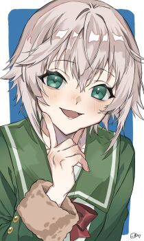 1girl blush bow commentary_request fur-trimmed_sleeves fur_trim green_eyes green_sailor_collar grey_hair hair_between_eyes highres kantai_collection long_sleeves looking_at_viewer open_mouth red_bow sailor_collar school_uniform serafuku shimushu_(kancolle) short_hair signature simple_background solo upper_body yakizakana_(sakana_u_u)