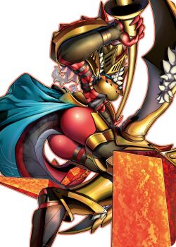 1girl armor ass breasts colored_skin digimon digimon_alysion digimon_card_game dragon_girl dragon_tail gold_armor gold_helmet halberd highres holding holding_polearm holding_weapon horns knight long_hair medium_breasts muscular muscular_female non-web_source official_art polearm red_hair red_horns red_skin red_tail rubeusdramon simple_background solo tail transparent_background weapon