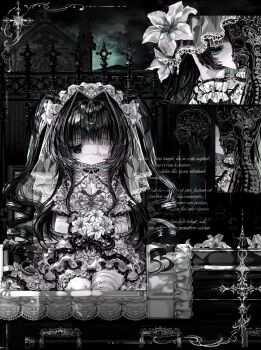 1girl absurdres architecture bandaged_leg bandages black_hair black_vs_white bouquet bridal_veil choker drill_hair empty_eyes expressionless eyepatch fence flower frilled_choker frilled_eyepatch frilled_headwear frilled_skirt frilled_thighhighs frilled_wrist_cuffs frills gothic_architecture green_eyes hair_ears hair_intakes highres holding holding_bouquet iron_fence kneeling lace lace_choker lily_(flower) long_hair mausoleum one_eye_covered original pc2wwd ribbon single_thighhigh skirt thighhighs twin_drills veil white_headdress white_ribbon wrist_cuffs writing