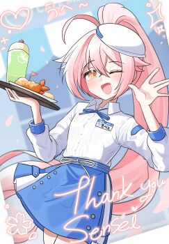 1girl absurdres ahoge blue_archive blue_skirt blush commentary_request crossed_bangs fang food hair_between_eyes hat high_ponytail highres holding holding_tray hoshino_(blue_archive) io_2s2 long_hair long_sleeves looking_at_viewer name_tag open_mouth pink_hair ponytail shirt shrimp shrimp_tempura skirt sleeve_cuffs solo tempura tray very_long_hair waitress white_hat white_shirt yellow_eyes
