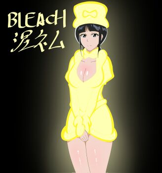 1girl anime_coloring black_background black_hair bleach bleach:_sennen_kessen-hen blue_eyes blunt_bangs bow breasts character_name cleavage closed_mouth collarbone commentary copyright_name corrupted_twitter_file cowboy_shot dress eyelashes glowing hat hat_bow highres juliet_sleeves kurotsuchi_nemu large_breasts long_sleeves looking_at_viewer official_alternate_costume official_artist_extra official_style own_hands_together puffy_sleeves sha11021997 short_dress sidelocks simple_background sleeves_past_wrists smile solo split_mouth thighs top_hat tsurime v_arms yellow_bow yellow_dress yellow_hat