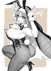 Rule 34 | 1girl, animal ears, ass, bare shoulders, bow, breasts, dagashi (place), detached collar, fake animal ears, habit, high heels, highres, large breasts, leotard, long hair, looking at viewer, monochrome, nijisanji, nipple slip, nipples, pantyhose, playboy bunny, rabbit ears, rabbit tail, sister claire, solo, strapless, strapless leotard, tail, virtual youtuber, wrist cuffs