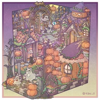 Rule 34 | 2boys, animal, ascot, bare tree, bear, border, candy, cat, chigu, commentary request, cross, floorplan, flying sweatdrops, food, ghost, gradient background, halloween, highres, holding, holding candy, holding food, holding lollipop, house, jack-o'-lantern, jacket, lollipop, long sleeves, male focus, multiple boys, original, outside border, pumpkin, purple background, purple jacket, rabbit, silk, spider web, spoken flying sweatdrops, standing, swirl lollipop, tombstone, tree, two-tone background, white ascot, white border, yellow background