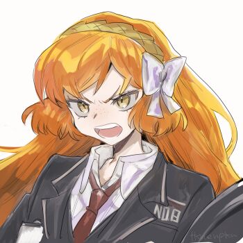 1girl angry black_jacket black_vest collared_shirt commentary hairband id_card ishmael_(project_moon) jacket lapels limbus_company necktie notched_lapels open_mouth project_moon red_necktie rope shirt simple_background solo symbol-only_commentary tkhenpkn upper_body v-shaped_eyebrows vest white_background white_shirt