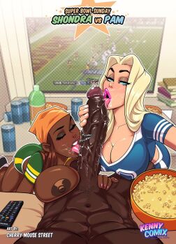 1boy 2girls abs artist_logo artist_name bandana blonde_hair blue_eyes breasts brown_hair character_name cherrymousestreet controller dark-skinned_female dark-skinned_male dark_skin english_text fellatio ffm_threesome food group_sex highres husband_and_wife indoors interracial kennycomix large_breasts large_penis licking licking_penis logo long_hair meet_the_neighbors multiple_girls muscular muscular_male nipples nude oral orange_bandana pam_patterson penis pink_lips popcorn pov remote_control sex shondra_simmons sound_effects television testicles threesome tongue tongue_out tyrone_simmons veins veiny_penis very_dark_skin watching_television