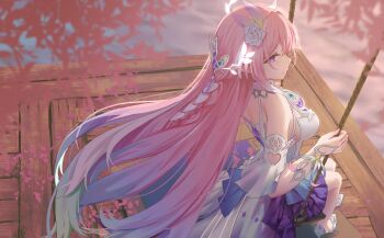 1girl absurdres armlet bare_shoulders breasts closed_mouth commentary cyrene_(honkai:_star_rail) dress from_side full_body gradient_hair high_heels highres honkai:_star_rail honkai_(series) jewelry large_breasts long_hair multicolored_hair on_swing pink_hair pointy_ears pumps purple_eyes sidelocks sitting solo sprygon swing swing_set white_dress