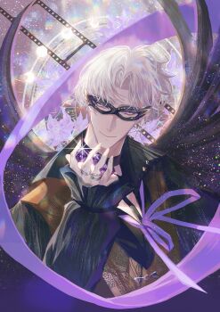 1boy absurdres between_fingers black_cape black_choker black_shirt brown_vest cape charlie_su chinese_commentary choker clematis_(flower) closed_mouth curtained_hair d20_(die) dice domino_mask earrings eye_mask film_strip floating_cape flower frilled_sleeves frills glint highres holding holding_dice jewelry light_and_night_love long_sleeves looking_at_viewer male_focus mask moon_phases multiple_rings neck_ribbon parted_bangs polyhedral_dice popped_collar purple_eyes purple_flower purple_ribbon ribbon ring shirt short_hair single_earring sky smile snow234 solo star_(sky) star_(symbol) star_earrings starry_sky upper_body vest white_hair white_shirt