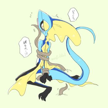 arms_behind_back bound bound_arms commentary_request gen_8_pokemon inteleon nervous_sweating nintendo plant_roots pokemon pokemon_(creature) pokemon_swsh satou1222 simple_background speech_bubble spread_legs sweat tail