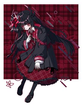 1girl absurdres armband black_capelet black_hair black_shirt black_shoes black_skirt border capelet closed_mouth collared_shirt colored_extremities commentary crown extra_eyes extra_horns flower full_body hair_flower hair_ornament highres kimburgertwo long_hair long_sleeves looking_at_viewer mahou_shoujo_no_majo_saiban necktie nikaido_hiro red_armband red_background red_eyes red_flower red_necktie red_skirt shirt shoes skirt spoilers standing symbol-only_commentary white_border witch_(manosaba)