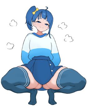 1girl absurdres ahoge arms_behind_back blue_eyes blue_hair blue_shirt blue_skirt blue_thighhighs blunt_bangs blush bow buttons closed_mouth commentary full_body gluteal_fold hair_bow half-closed_eyes high-waist_skirt high_side_ponytail highres hirogaru_sky!_precure long_sleeves looking_at_viewer miniskirt no_shoes peace_peace009 precure shirt shirt_tucked_in short_hair side_ponytail simple_background skirt smile solo sora_harewataru spread_legs squatting thighhighs thighs tiptoes two-tone_shirt white_background white_shirt yellow_bow