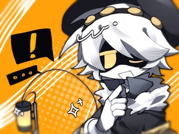 ! ... 1boy ;d android black_hat black_jacket blurry chinese_commentary commentary_request fewer_digits fur-trimmed_jacket fur_trim hair_between_eyes halftone halftone_background hand_on_own_chest hand_up hat jacket jitome kudog_(kudogggo_0626) looking_at_viewer male_focus murder_drones n_(murder_drones) no_pupils one_eye_closed open_mouth orange_background short_hair simple_background smile solo sparkle spoken_ellipsis spoken_exclamation_mark upper_body white_hair yellow_eyes