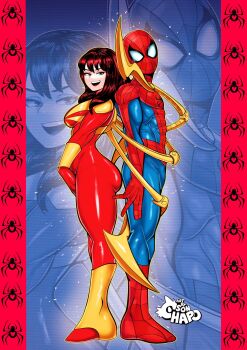 1boy 1girl ass ass-to-ass back-to-back bodysuit bracer from_side green_eyes highres iron_spider_armor looking_at_viewer marvel mary_jane_watson mask open_mouth red_hair smile sonchapo spider-man spider-man_(series) spider_web_print standing superhero_costume teeth upper_teeth_only