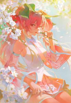 1girl absurdres analogous_colors arched_bangs arm_at_side backlighting bare_shoulders blue_background blurry blurry_background boots branch breasts bud cherry_blossom_print cherry_blossoms cherry_hair_ornament collared_shirt cowboy_shot day ddingu depth_of_field detached_sleeves double-parted_bangs eyelashes falling_petals fingernails floating_hair floral_print flower food-themed_hair_ornament green_theme hair_between_eyes hair_ornament hair_over_shoulder hand_up hatsune_miku highres holding holding_branch large_breasts leaf_hair_ornament light_smile limited_palette long_hair looking_at_viewer miku_day narrow_waist necktie outdoors pale_color parted_lips petals pink_boots pink_eyes pink_hair pink_necktie pink_skirt pink_sleeves pink_theme pleated_skirt ribbon-trimmed_shirt ribbon_trim sakura_miku see-through_clothes see-through_sleeves shirt sideboob sidelighting sidelocks simple_background sitting skirt skirt_hold sleeveless sleeveless_shirt smelling smelling_flower solo straight_hair sunlight teeth thick_eyelashes thick_thighs thigh_boots thighhighs thighs tie_clip tsurime twintails upper_teeth_only very_long_hair vocaloid white_cherry_blossoms white_flower white_petals white_shirt white_theme wide_sleeves zettai_ryouiki