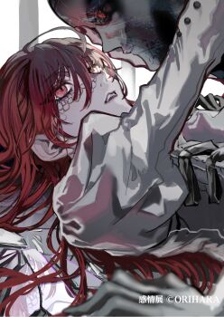 1girl 1other commentary_request copyright_notice highres juliet_sleeves long_sleeves lying on_back original orihara_(ewkkyorhr) puffy_sleeves red_eyes second-party_source shikihara_(orihara)