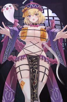 :3 :o blonde_hair blue_eyes blush breasts china_dress chinese_clothes cleavage commentary dress full_moon ghost green_eyes halloween_costume heterochromia highres jiangshi jiangshi_costume looking_at_viewer medium_hair messy_hair minnku moon navel night night_sky official_alternate_costume ofuda ofuda_on_head ofuda_on_nipples open_mouth outstretched_arms pasties pelvic_curtain ryouna_(senran_kagura) senran_kagura sky sleeves_past_wrists solo talisman zombie_pose