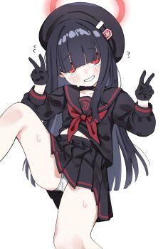 1girl absurdres beret black_choker black_gloves black_hair black_hat black_sailor_collar black_serafuku black_skirt blue_archive blunt_bangs blush choker double_v flying_sweatdrops gloves hair_over_eyes halo hanakonenne hat highres justice_task_force_member_(blue_archive) long_hair long_sleeves looking_at_viewer neckerchief panties pleated_skirt red_eyes red_halo red_neckerchief sailor_collar school_uniform serafuku simple_background skirt smile solo sweat underwear v white_background white_panties