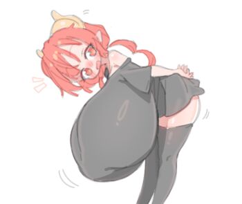 1girl black_shirt black_thighhighs boobaa breasts cropped_legs dragon_girl gigantic_breasts horns ilulu_(maidragon) kobayashi-san_chi_no_maidragon leaning_forward oppai_loli red_eyes shirt shortstack simple_background solo standing thighhighs yellow_horns