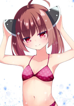 1girl absurdres bare_arms bare_shoulders bikini breasts character_request closed_mouth collarbone copyright_request hashtag-only_commentary highres looking_at_viewer miz_awa navel pink_bikini red_eyes simple_background small_breasts smile solo stomach swimsuit upper_body white_background