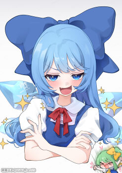 >_< 2girls absurdres artist_name asaka_haru123 ascot blue_bow blue_dress blue_eyes blue_hair blue_vest blush bow bowtie cirno collared_shirt commentary_request crossed_arms daiyousei detached_wings dress fairy_wings fang green_hair hair_bow heart highres ice ice_wings long_hair looking_at_viewer multiple_girls open_mouth pinafore_dress puffy_short_sleeves puffy_sleeves red_bow red_bowtie shirt short_sleeves skin_fang sleeveless sleeveless_dress smile smug sparkle touhou twitter_username upper_body vest white_shirt wings yellow_ascot yellow_bow