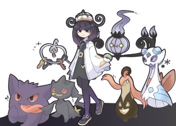 1girl banette belt belt_buckle black_dress black_shoes blue_gloves bob_cut buckle chandelure closed_mouth coat commentary_request dress eyelashes froslass full_body gen_1_pokemon gen_3_pokemon gen_4_pokemon gen_5_pokemon gen_6_pokemon gengar gloves gourgeist gradient_pantyhose gwynn_(pokemon) hat highres klefki long_sleeves looking_at_viewer mega_stone nest_ball nintendo o-ring o-ring_belt open_clothes open_coat partially_fingerless_gloves poke_ball pokemon pokemon_(creature) pokemon_legends:_z-a purple_eyes purple_hair shoes short_hair sleeves_past_wrists smile suzu_(pixiv_32232702) white_background white_coat
