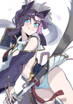 1girl absurdres armor asymmetrical_sleeves black_hair blue_eyes blue_panties blush breast_curtains breasts closed_mouth clothes_lift commentary_request cosplay detached_sleeves eyes_visible_through_hair falling_petals fate/grand_order fate_(series) feather_hair_ornament feathers hair_ornament hat highres holding holding_sword holding_weapon japanese_armor katana kusazuri long_hair looking_at_viewer medium_breasts mismatched_sleeves panties parted_bangs pauldrons petals purple_sleeves revealing_clothes ribs sheath shot_(shot0598) shoulder_armor shoulder_pads side_ponytail simple_background single_bare_shoulder skirt skirt_lift smile sode solo sword tate_eboshi underwear unsheathing ushiwakamaru_(fate) ushiwakamaru_(fate)_(cosplay) ushiwakamaru_(second_ascension)_(fate) very_long_hair weapon white_background white_sleeves wide_sleeves