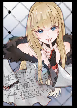 1girl absurdres bare_shoulders black_border black_gloves blonde_hair blue_eyes blunt_bangs border closed_mouth commentary_request emilie_de_rochefort finger_to_mouth fingerless_gloves fur_trim gloves grey_background highres kotomine_hisui long_hair looking_at_viewer smile solo tekken tekken_8 upper_body watermark