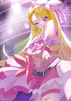 1girl ;p absurdres belt black_belt blonde_hair bow bow_skirt braid braided_bangs bridal_gauntlets butterfly_hat_ornament closed_mouth commentary cowboy_shot cropped_shirt cure_butterfly earrings elbow_gloves finger_to_mouth frilled_shirt frills gloves hat hat_ornament highres hijiri_ageha hirogaru_sky!_precure index_finger_raised jewelry light_particles long_hair looking_at_viewer magical_girl midriff miniskirt mob_cap multicolored_hair navel one_eye_closed orange_hair pantyhose pink_gloves pink_hat pink_shirt pink_skirt pointing pointing_at_viewer precure purple_eyes purple_pantyhose red_bow shirt showgirl_skirt single_leg_pantyhose skirt sleeveless sleeveless_shirt smile solo stage_lights standing takahashi_hizumi thigh_strap tilted_headwear tongue tongue_out two-tone_hair very_long_hair