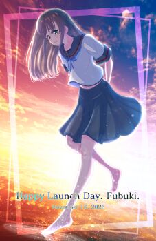 1girl absurdres alternate_hair_length alternate_hairstyle anchor_symbol arms_behind_back black_sailor_collar black_skirt blue_neckerchief blue_sky blush brown_hair character_name cloud collarbone commentary_request dated english_text floating_clothes foot_out_of_frame fubuki_(kancolle) gradient_sky green_eyes hair_between_eyes hair_down happy_birthday highres kantai_collection long_hair midriff navel neckerchief official_alternate_hairstyle on_water orange_sky pleated_skirt sailor_collar school_uniform serafuku short_sleeves sidelocks skirt sky smile solo sunset walking yoko_hata