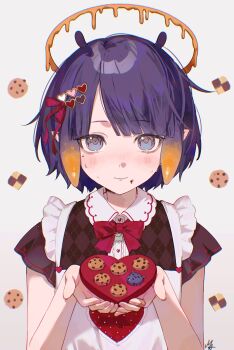 Rule 34 | 1girl, absurdres, alternate costume, ani 019, apron, black shirt, blunt bangs, blush, bow, bowtie, box, box of chocolates, chocolate chip cookie, commentary, cookie, english commentary, food, food on face, frilled apron, frills, gradient hair, hair ornament, hair ribbon, halo, hands up, heart, heart hair ornament, highres, holding, holding box, hololive, hololive english, looking at viewer, melting, mole, mole under eye, multicolored hair, nervous sweating, ninomae ina'nis, orange hair, pointy ears, purple hair, red bow, red bowtie, red ribbon, ribbon, shirt, short hair, simple background, solo, sweat, swept bangs, takodachi (ninomae ina'nis), tentacle hair, upper body, virtual youtuber, white background