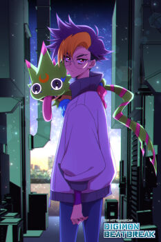 1boy animal animal_on_shoulder blonde_hair blue_hair blue_pants commentary_request copyright_name cowboy_shot digimon digimon_(creature) digimon_beatbreak gecko gekkomon glasses highres jacket male_focus mazaki_kei mole mole_under_mouth pants purple_eyes round_eyewear standing tenma_tomoro tongue tongue_out twitter_username white_jacket