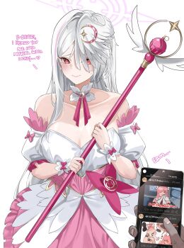 1boy 1girl absurdres anal anal_object_insertion ass bare_shoulders blue_archive blush borrowed_character breasts crescent crescent_hair_ornament detached_sleeves dress hair_ornament halo head_wings highres holding holding_phone holding_staff juxtaposition long_hair mage_staff magical_boy magical_girl miz_blank object_insertion official_alternate_costume original phone pink_dress pov pov_hands red_eyes single_head_wing solo staff suzumi_(blue_archive) suzumi_(magical)_(blue_archive) tadakuni_(alterkyon) trap very_long_hair war_of_the_worlds_(2025) white_hair wings