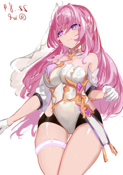 1girl absurdres ban_tang black_shorts breasts chinese_commentary commentary_request diamond-shaped_pupils diamond_(shape) elf elysia_(herrscher_of_human:_ego)_(honkai_impact) elysia_(honkai_impact) gloves highres honkai_(series) honkai_impact_3rd large_breasts leotard long_hair pink_hair pointy_ears purple_eyes shorts simple_background smile solo symbol-shaped_pupils thigh_strap thighs veil very_long_hair white_background white_gloves white_leotard white_veil
