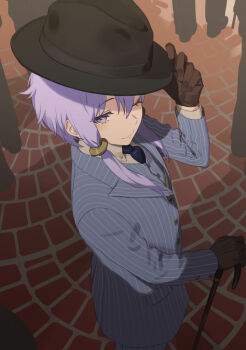 Rule 34 | 1girl, 4boys, ;), adjusting clothes, adjusting headwear, arm up, black hat, blue jacket, blue necktie, blue suit, brick floor, brown gloves, buttons, cane, closed mouth, collared shirt, commentary request, commission, cowboy shot, crossdressing, crossdressing (ftm), double-parted bangs, fedora, formal clothes, from above, gloves, gold buttons, hair between eyes, hair ornament, hat, holding, holding cane, jacket, layered sleeves, long sleeves, looking at viewer, multiple boys, necktie, one eye closed, outdoors, pinstripe jacket, pinstripe pattern, pinstripe suit, purple eyes, purple hair, raised eyebrow, shadow, shirt, shoes, short hair with long locks, skeb commission, smile, solo focus, standing, suit, tarokazu, vocaloid, voiceroid, white shirt, yuzuki yukari