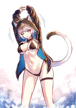 1girl absurdres animal_ears bikini black_bikini black_jacket blue_eyes breasts cat_ears cat_girl cat_tail cipher_(honkai:_star_rail) commentary english_commentary grey_hair highres honkai:_star_rail honkai_(series) hood hooded_jacket jacket jimpu6 large_breasts navel one_eye_closed short_hair_with_long_locks simple_background solo stomach stretching swimsuit tail thigh_strap thighs