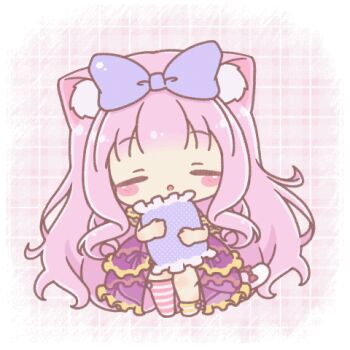 1girl :< :o animal_ear_fluff animal_ears animated animated_gif asymmetrical_legwear bow cat_ears cat_girl cat_tail chibi closed_eyes closed_mouth commentary_request dress frilled_pillow frills hair_bow hugging_object long_hair lowres mitarashi_neko no_shoes one_eye_closed original panties parted_lips pillow pillow_hug pink_hair purple_bow purple_dress purple_eyes purple_panties red_bow see-through_clothes see-through_dress side-tie_panties socks solo standing striped_clothes striped_socks striped_thighhighs tail tail_bow tail_ornament thighhighs underwear very_long_hair yellow_bow