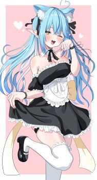 Rule 34 | absurdres, ahoge, animal ears, bare shoulders, black dress, blue hair, border, breasts, cat ears, cat girl, cleavage, commentary request, dress, elf, heart, heart ahoge, highres, hololive, large breasts, one eye closed, pink background, pointy ears, simple background, standing, standing on one leg, strapless, strapless dress, thighhighs, twintails, virtual youtuber, visitofsiki, white border, white thighhighs, yellow eyes, yukihana lamy