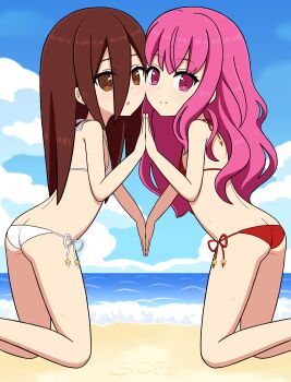 2girls ami_(ammy33) ass beach bikini brown_eyes brown_hair butt_crack cheek-to-cheek cloud etrian_odyssey feet_out_of_frame female_focus heads_together holding_hands kneeling looking_at_viewer lowleg lowleg_bikini multiple_girls ocean outdoors pink_eyes pink_hair red_bikini sand side-tie_bikini_bottom sky smile solo swimsuit water white_bikini zodiac_(sekaiju) zodiac_2_(sekaiju) zodiac_4_(sekaiju)
