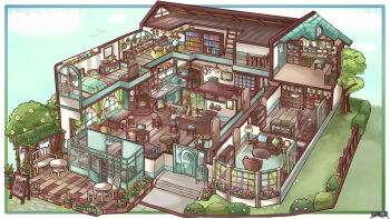 Rule 34 | 1girl, 1other, apron, bed, book, bookshelf, border, brown hair, bush, cabinet, cafe, chair, chigu, clock, collared shirt, commentary request, commission, couch, creature, cup, cupboard, dairoku ryouhei, floorplan, garden, highres, ladder, lamp, mug, musical note, on chair, outside border, picture frame, plant, ponytail, potted plant, shirt, sign, sink, sitting, spoken musical note, tree, window