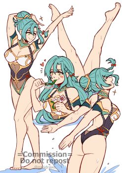 1girl alternate_costume alternate_hairstyle arms_up ass bare_legs blue_hair blush bow breasts chloe_(fire_emblem) cleavage commission eating fire_emblem fire_emblem_engage green_eyes green_one-piece_swimsuit gzei hair_bow hair_bun heart highres large_breasts leg_up legs legs_apart multiple_views nintendo one-piece_swimsuit one_eye_closed partially_submerged smile snack sparkle splashing swimming swimsuit synchronized_swimming vgen_commission