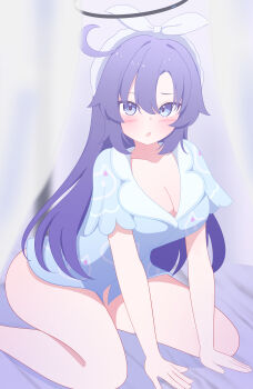 1girl :o absurdres ahoge animal_print black_halo blue_archive blue_shirt blush breasts cat_print cleavage commentary_request fortysansan hairband halo highres large_breasts long_hair looking_at_viewer mechanical_halo no_pants purple_eyes purple_hair seiza shirt sitting solo white_hairband yuuka_(blue_archive) yuuka_(pajamas)_(blue_archive)