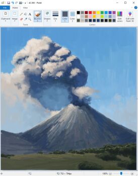 art_program_in_frame blue_sky christian_young commentary day eruption forest landscape microsoft_paint_(medium) microsoft_paint_(software) nature no_humans original outdoors realistic scenery screencap sky smoke tree volcano