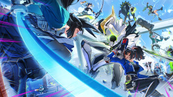 >_< 2boys 6+girls ^^^ absurdres agent_gulliver_(zenless_zone_zero) android animal_ears asaba_harumasa attack bangboo_(zenless_zone_zero) battle black_hair blue_skin cat_ears colored_skin electricity ethereal_(zenless_zone_zero) excited fisheye fox_ears gloves glowing glowing_weapon green_hair grey_hair gun hair_ornament highres holding holding_gun holding_sword holding_weapon horns hoshimi_miyabi ice jacket jane_doe_(zenless_zone_zero) kiguchi_hikaru long_hair long_sleeves looking_at_another midair motion_lines multicolored_hair multiple_boys multiple_girls necktie non-humanoid_robot open_clothes open_jacket open_mouth pants pantyhose pink_hair qingyi_(zenless_zone_zero) red_hair robot seth_lowell shirt shorts skirt smile soukaku_(zenless_zone_zero) sphere_hair_ornament sword tail three_section_staff tsukishiro_yanagi twintails two-tone_hair very_long_hair weapon zenless_zone_zero zhu_yuan